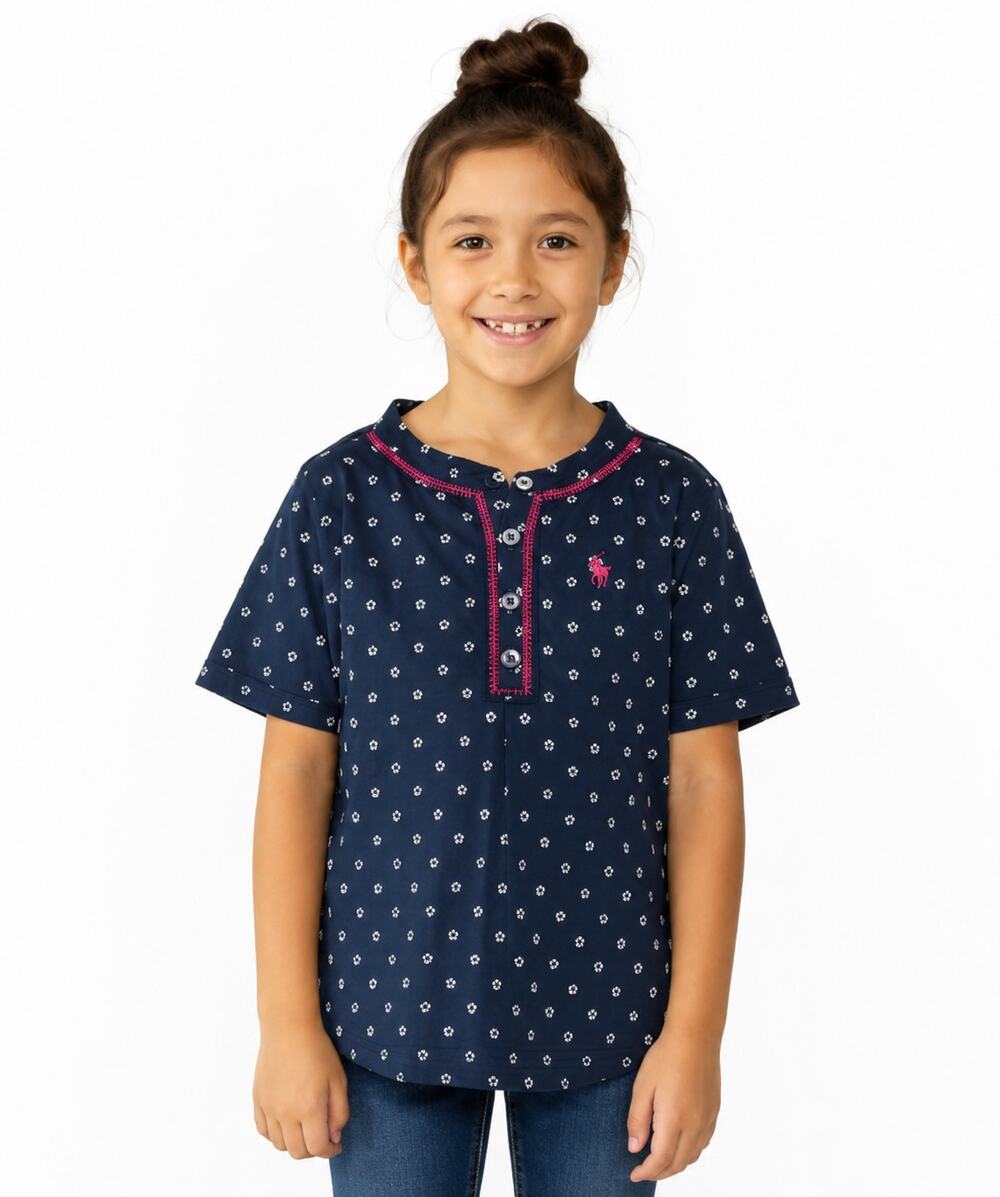 U.S. Polo Assn. Girls Navy Polka Dot Short Sleeve Henley Shirt Size 6X EUC